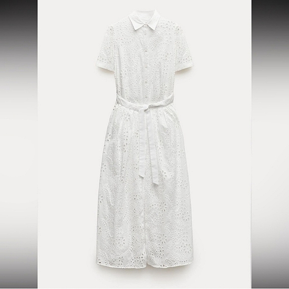 ZARA ZW COLLECTION WHITE EMBROIDERED EYELET SHIRT DRESS ✨️Size L✨️ - Picture 2 of 5